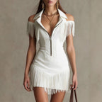 Retro Suede Tassel Off-Shoulder Dress