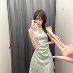 Women's Cinched-waist Bishop-sleeve Green New Chinese-style Dress