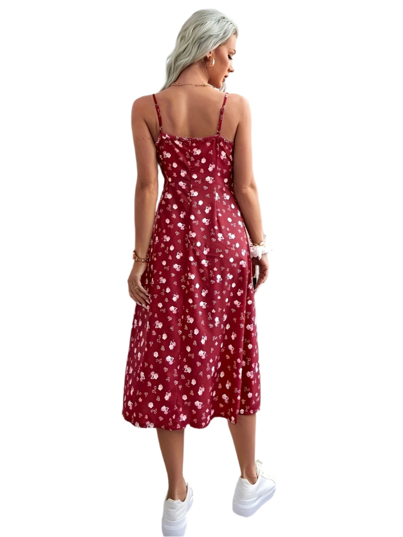 Print Summer Dress for Women - Sleeveless with Side Slit, Polyester, Machine Washable, Adjustable Spaghetti Straps, Spaghetti Suspender Dress