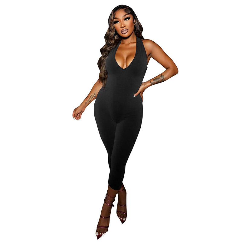 Women's Halter Deep V-Neck High-Slit Backless Cropped Jumpsuit