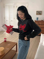 Round-neck Pullover Black Sweater With Bow Detailloose-fitting Comfy Knit Top