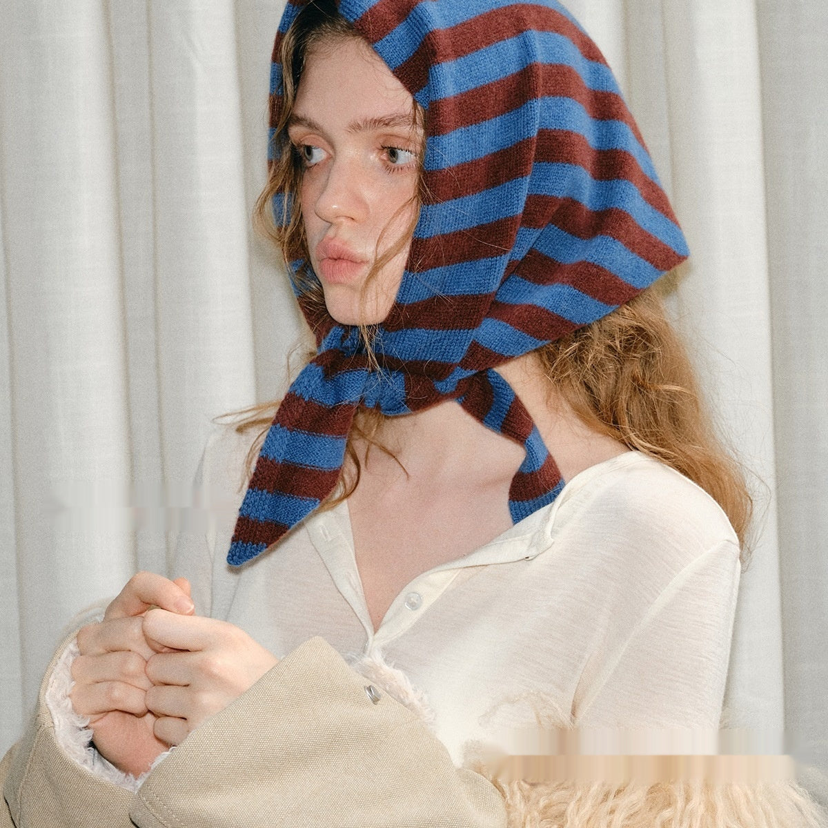 Pure Wool Striped Knitted Triangular Warm Neck Scarfhat