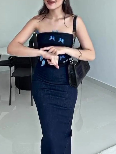 Denim Tube Top Patchwork Mesh Butterfly Dress