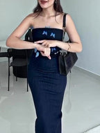 Denim Tube Top Patchwork Mesh Butterfly Dress