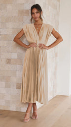 Summer V-neck Pleated Dress INS Fashion Casual Loose Zip Sleeveless Dresses For Women Clothing