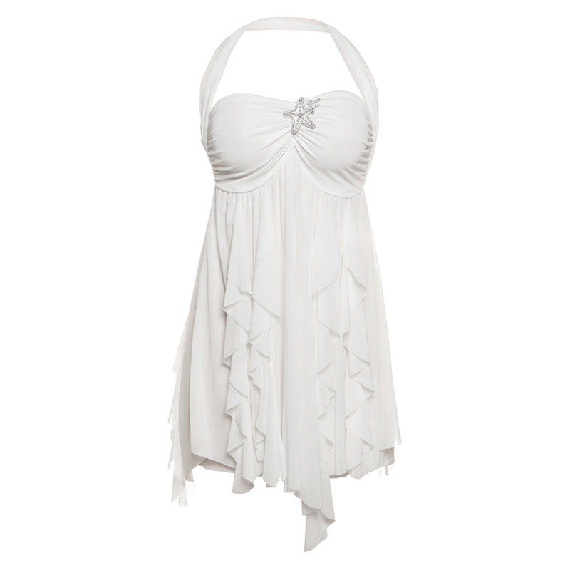 Ins Halter Neck Backless Dress Summer Sexy Printed Irregular Mesh Short Dresses For Evening Party Club Women's Clothing