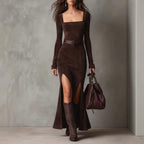 Zipper Square-neck Slit Maxi Dress