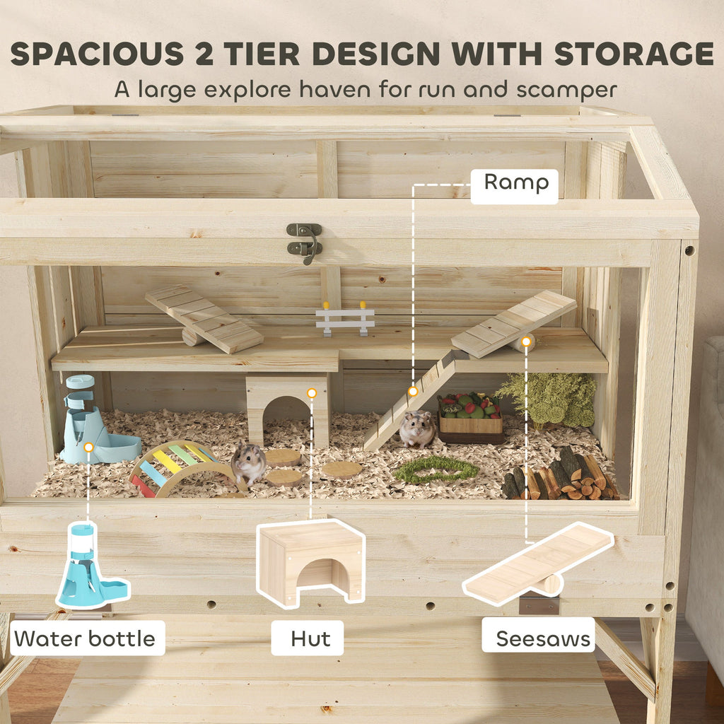PawHut 2 Tier Wooden Hamster Cage with Shelf and Openable Top