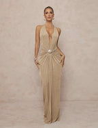 Deep V-neck Halter Dress With Open Back For Beach Vacations