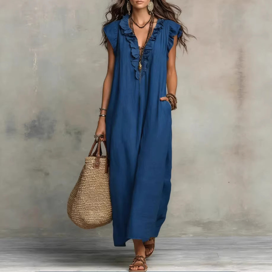Summer Ruffle Dress With Pockets Women's Spring Elegant Casual Sleeveless A-Line Shift Dresses