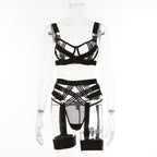 Black Hollowed-out Lingerie Set With Straps For Women