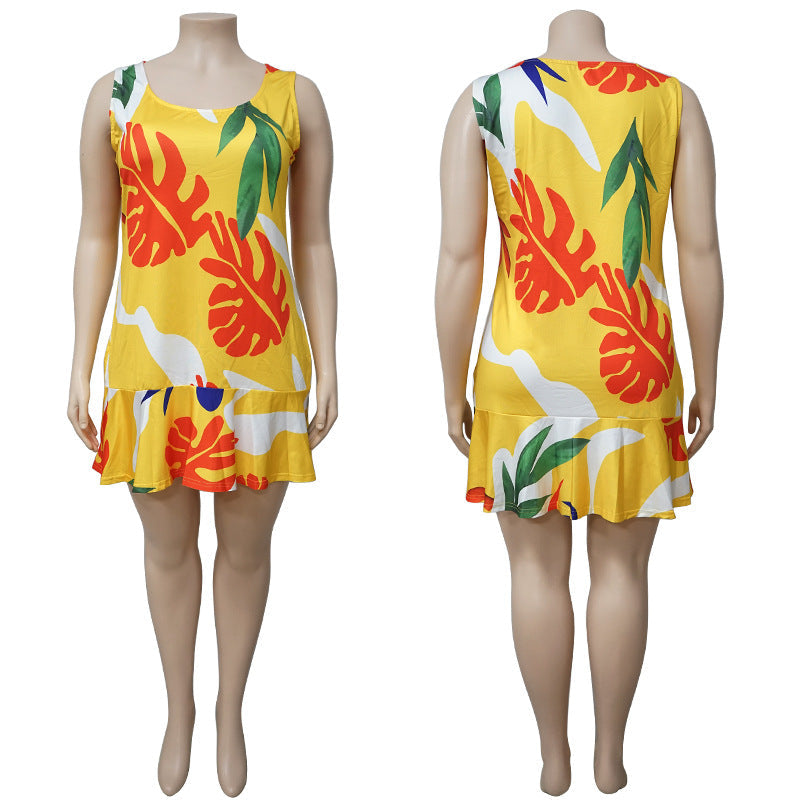Women's Printed Midi Sleeveless Plus-Size Dress With Ruffled Hem