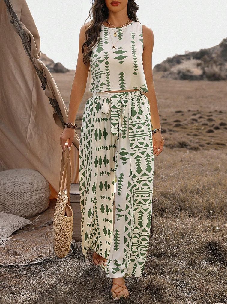 Women's Sleeveless Printed Pants Fashionable Two-Piece Set