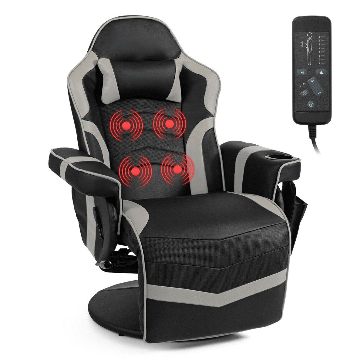 Electric Massage Gaming Chair with Cup Holder and Side Pouch-Black