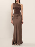 Brown One Shoulder Paneled Satin Dress