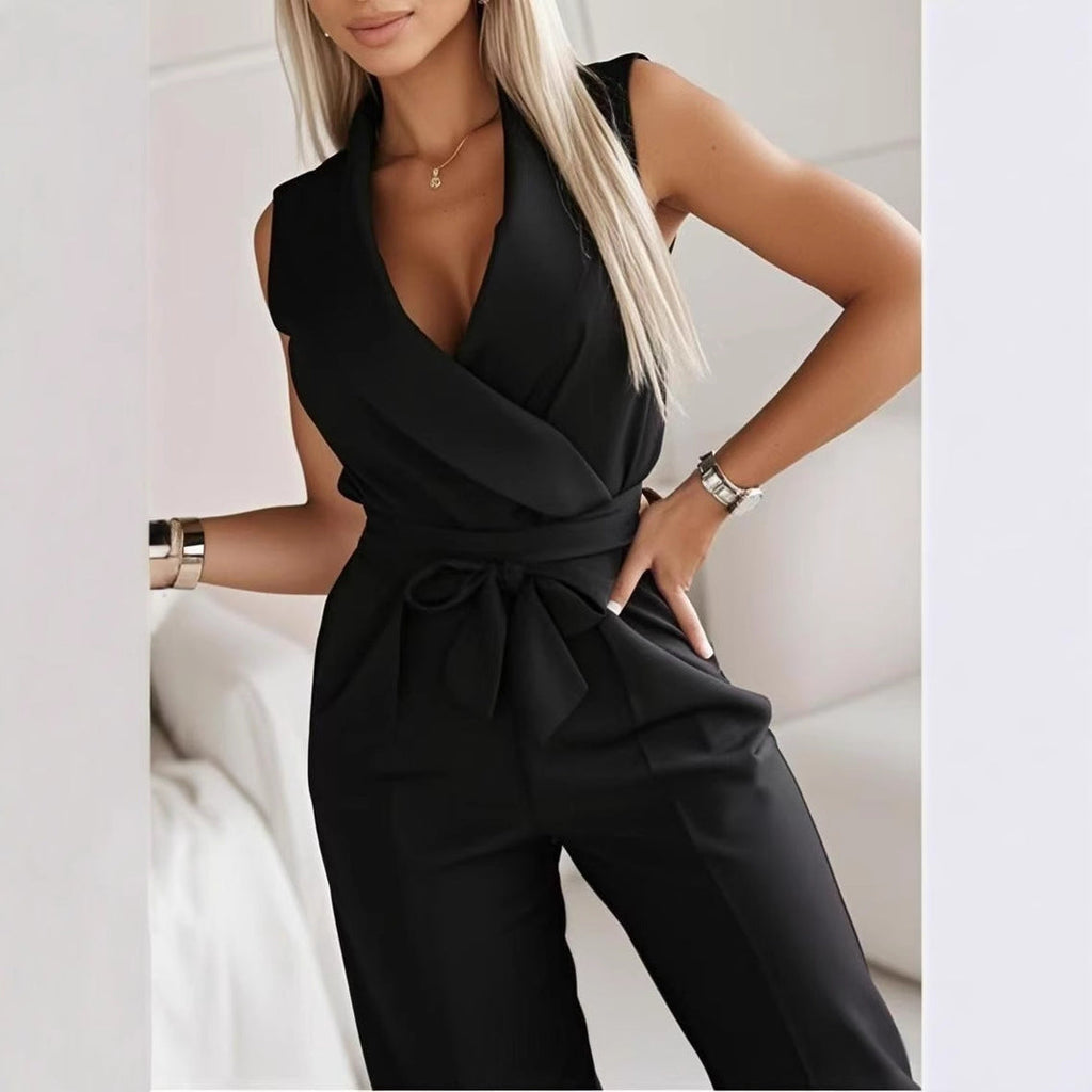 Women's Sleeveless Lapel-collar Wide-leg Jumpsuit With Belt And Pockets