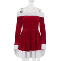 Women's Christmas Costume Santa Dress Plush Trim Boat-Neck Off-Shoulder Sleeve Dress New Year Party Cosplay Costume