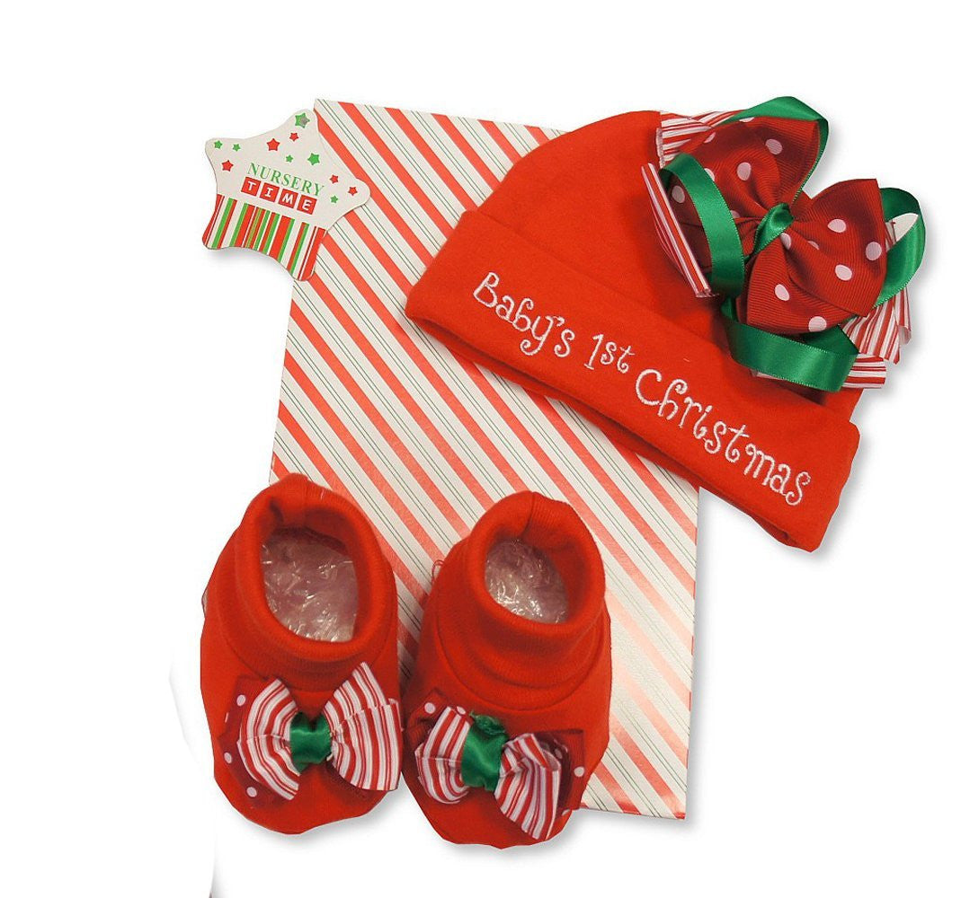 Cute 2 Piece Red Gift Set - Babys 1st Christmas Design - Incs Hat & Booties - 0-6 Months