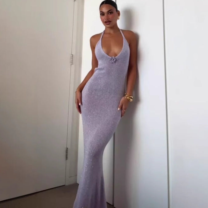 Sexy Slim-fit Strap Dress Backless Tight-fit Beautiful-back Knit Dress