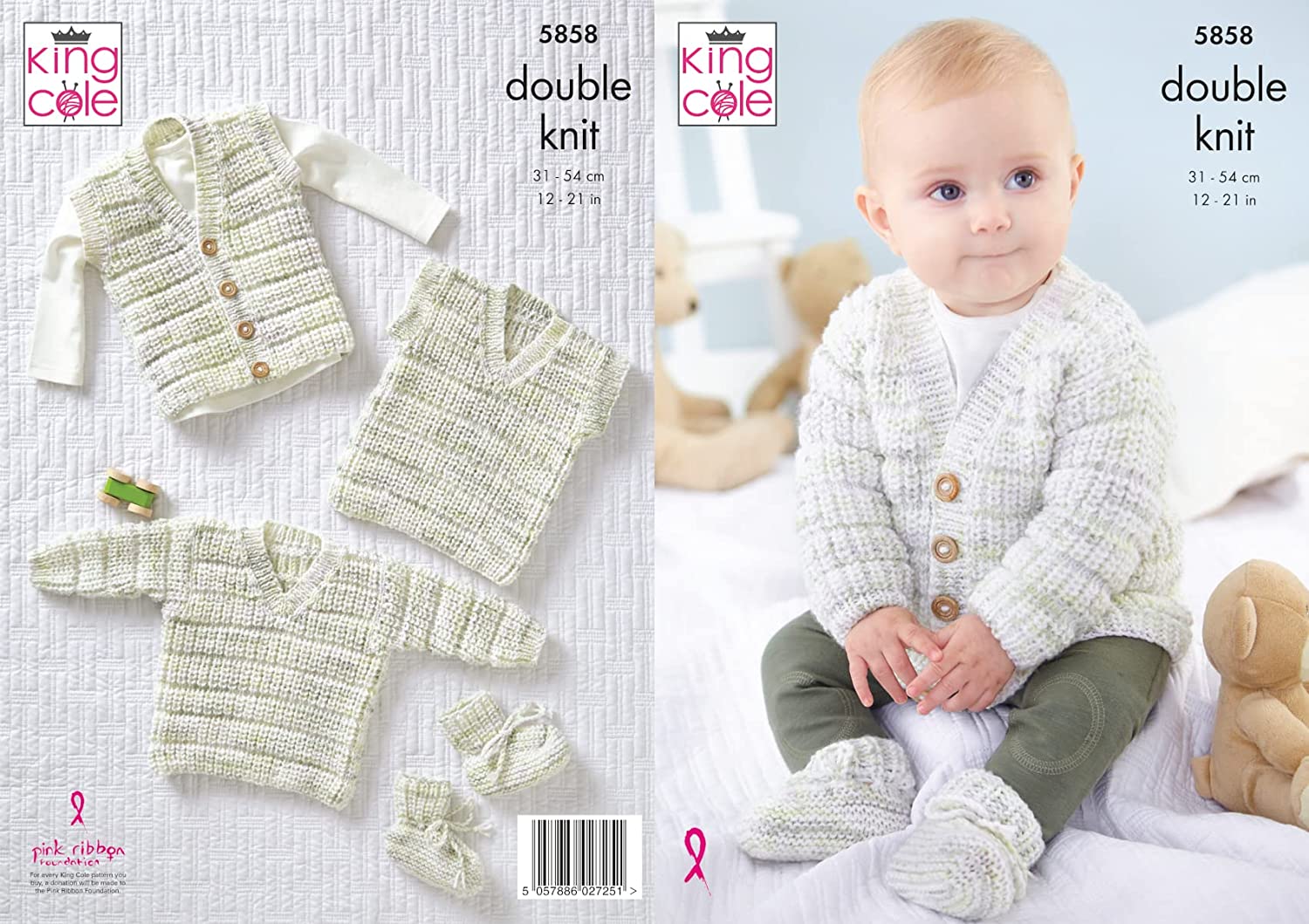 King Cole Baby DK Knitting Pattern Cardigan Waistcoat Sweater Tank Top & Bootees (5858)