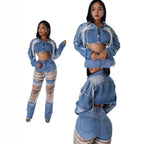 Fashionable Pearl-Chain Hand-Embroidered Beaded Denim Jacket