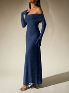 Black Off-Shoulder Maxi Dress With Glitter Detail And Mesh Sleeves