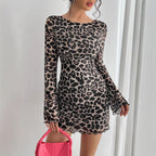 Women's Sexy Leopard-Print Backless Flare-Sleeve Mesh Dress
