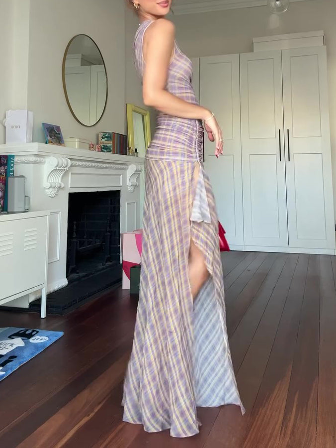 Plaid Off-shoulder Slit Dress