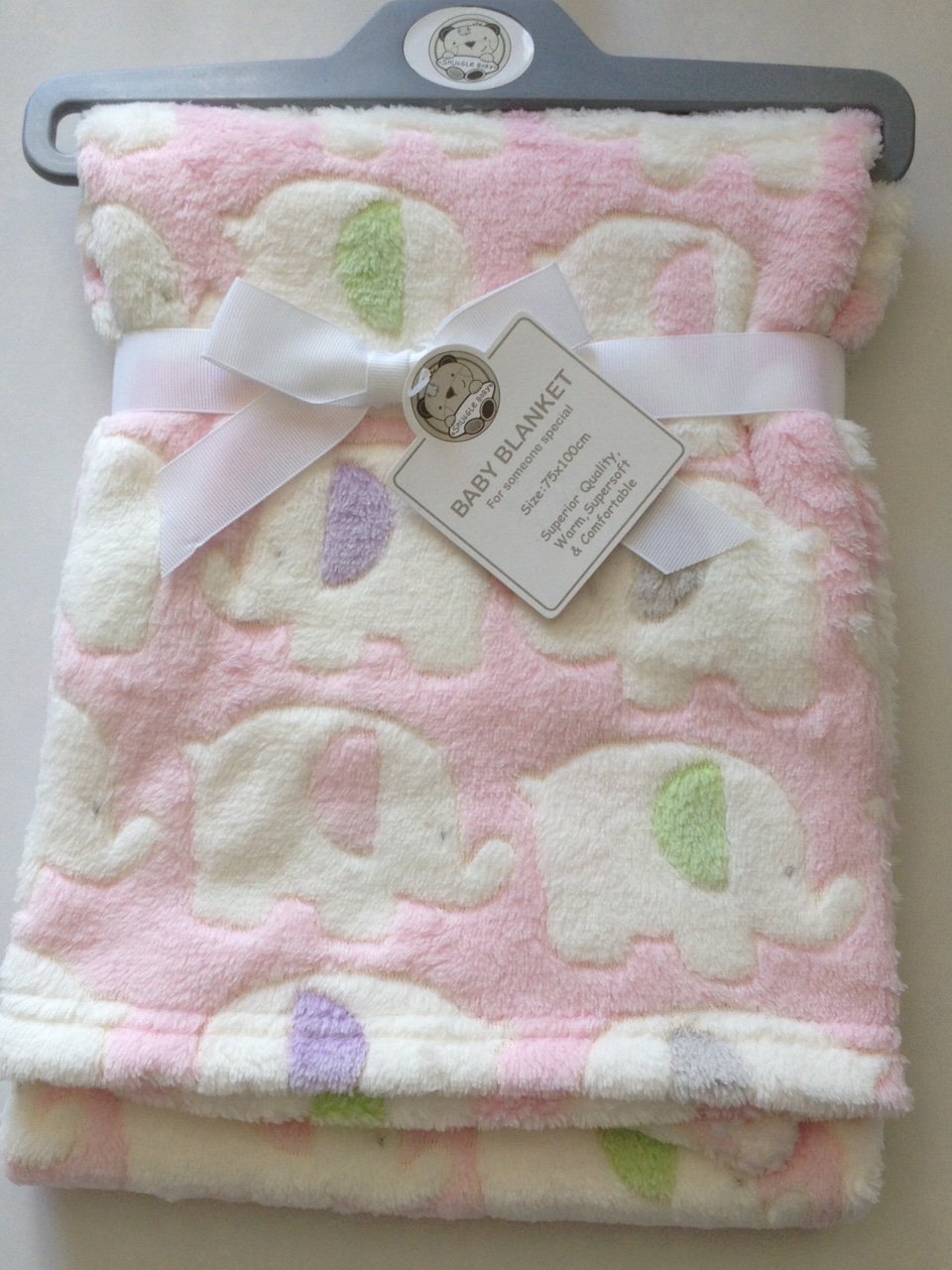 Beautiful Soft Baby Blanket With Elephants Pink/White 100 cm x 75 cm