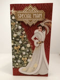 Special MAM Christmas Card Art Deco Lady Red Glitter Xmas Card