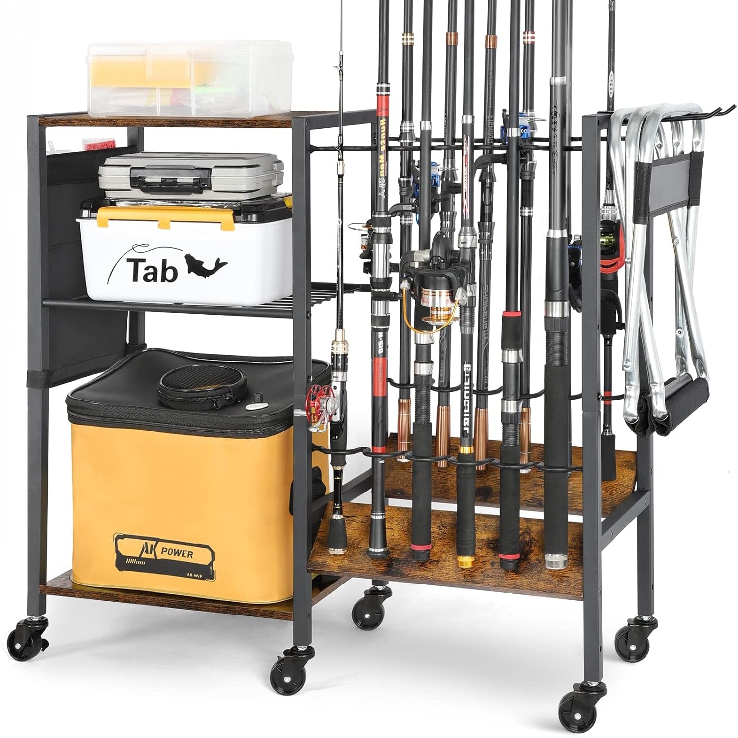 Fishing Rod Holder Organizer, Store 12 Rods, Tackle Cart for Garage & Home