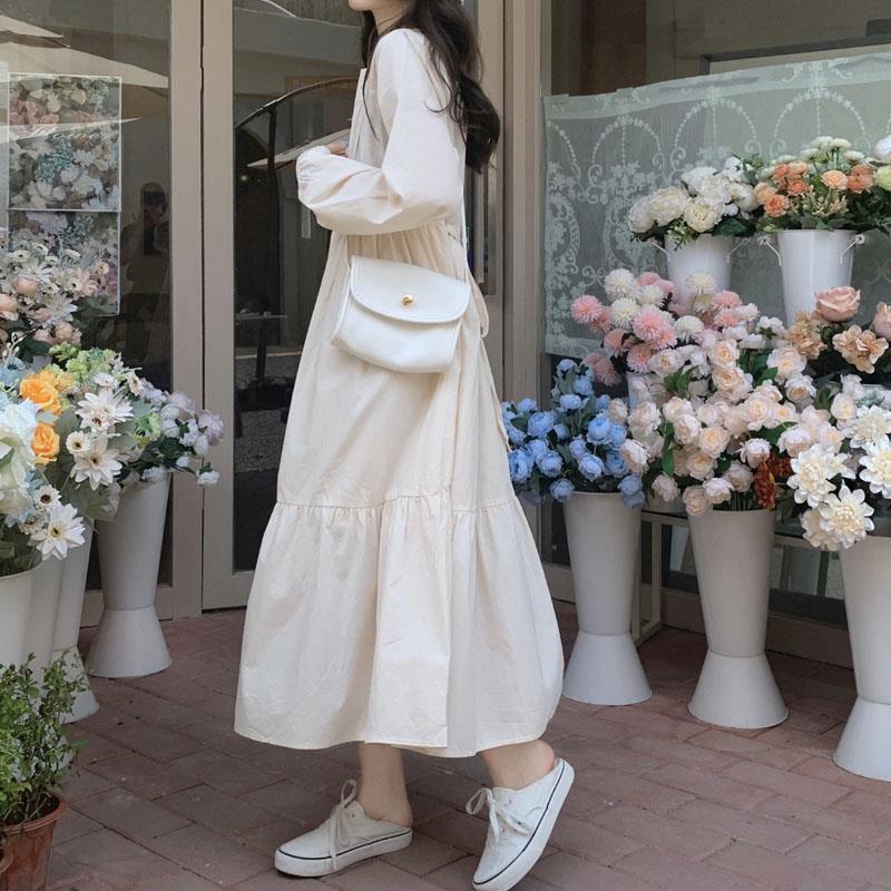 Korean Style Long Sleeve Round Neck Mid-Length Dress