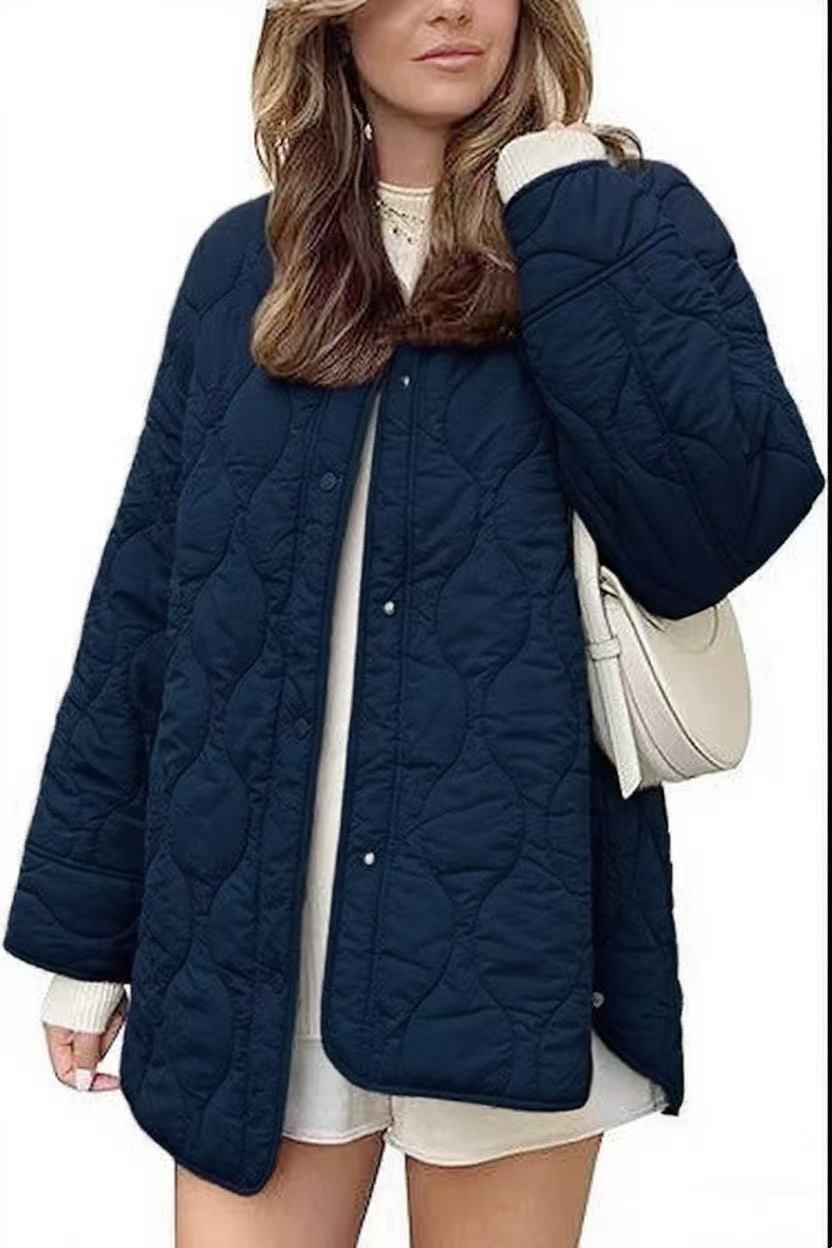 European And American Style Chic String Decoration Simple Solid Color Round Neck Loose Cotton Coat