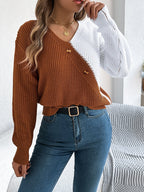 Women Casual V-Neck Button Color Block Lantern Sleeve Pullover Sweater