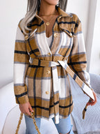 Women's Color-Blocked Plaid Long Sleeve Tie-Waist Thick Tweed Coat