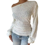 Women's Fashionable Sheer Lace Blouse With Long Sleeves