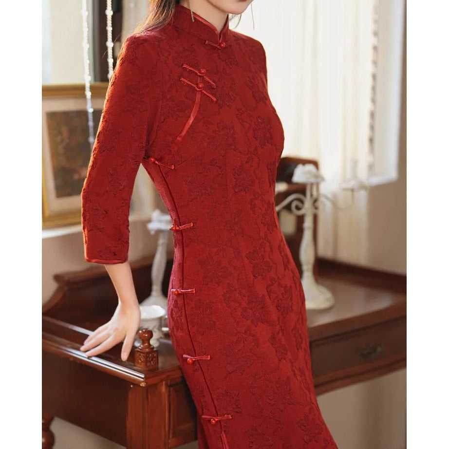 Dark Burgundy Cheongsam Youthful New Chinese-style Elegant Long Dress