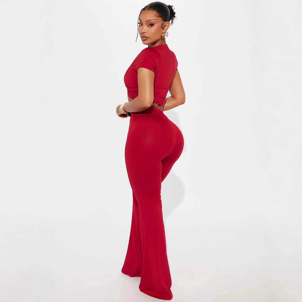 Low-cut V-neck Short-sleeved T-shirt Top With Hardware Waist-length Bodycon Trousers Set