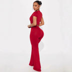 Low-cut V-neck Short-sleeved T-shirt Top With Hardware Waist-length Bodycon Trousers Set