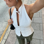 Women's Retro Lace-up Halter Neck Off-Shoulder Slim-fit Tank Top