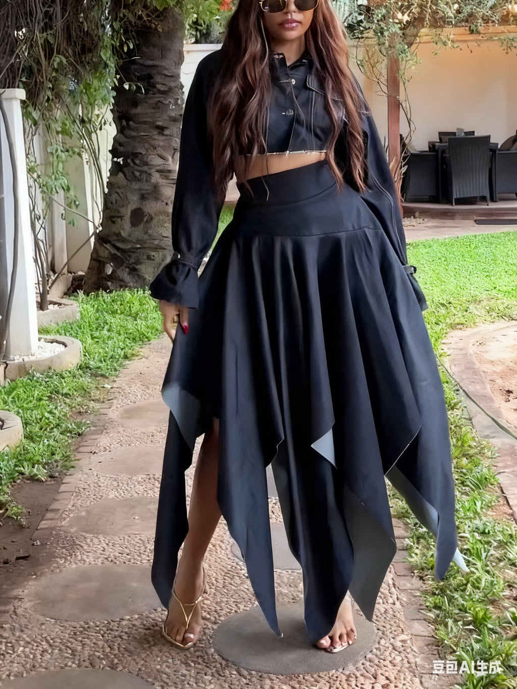Chic Long-sleeved Cropped Jacket & Irregular Hem Denim Skirt Set