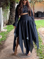 Chic Long-sleeved Cropped Jacket & Irregular Hem Denim Skirt Set