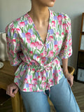Drawstring Laced Puffed Sleeve V Neck Women's Blouse