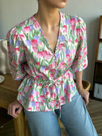 Drawstring Laced Puffed Sleeve V Neck Women's Blouse