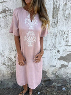 V-neck Loose-fit Cotton-linen Women's Dress