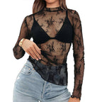 Women's Semi High Neck Sheer Long Sleeve TShirt Sexy Y2K Mesh Top
