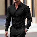 Men's Shirt Business Button Down Shirt Summer Solid Color Long Sleeve Lapel Vacation Shirt Fashion Temperament Casual Tops