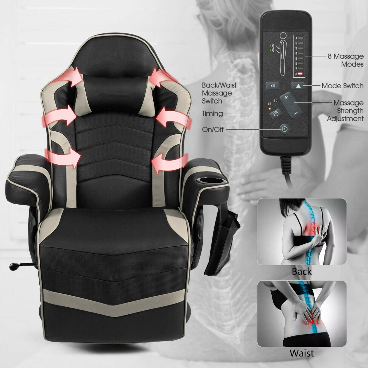Electric Massage Gaming Chair with Cup Holder and Side Pouch-Black