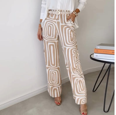Women's Casual Long-sleeved Lapel Shirt Printed Wide-leg Pants Suit