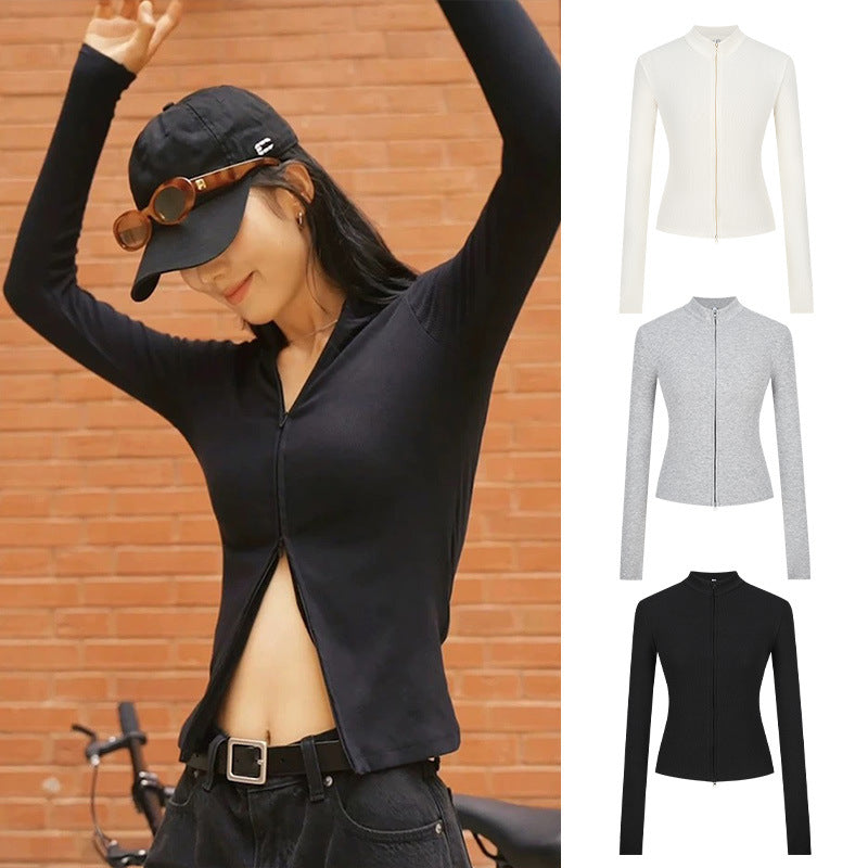 Stand-up Collar Slim-fit Waist-cinching Cardigan Top